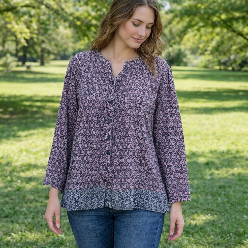 Catherine's Boho Top Size 3X Black Red Floral Button-Front Pintucks Beaded